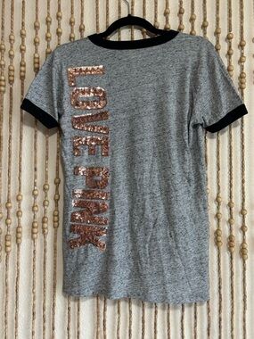 VS Love Pink Sequin Logo Heather Gray Ringer Tee Preppy Girlhoodcore Casual Sm